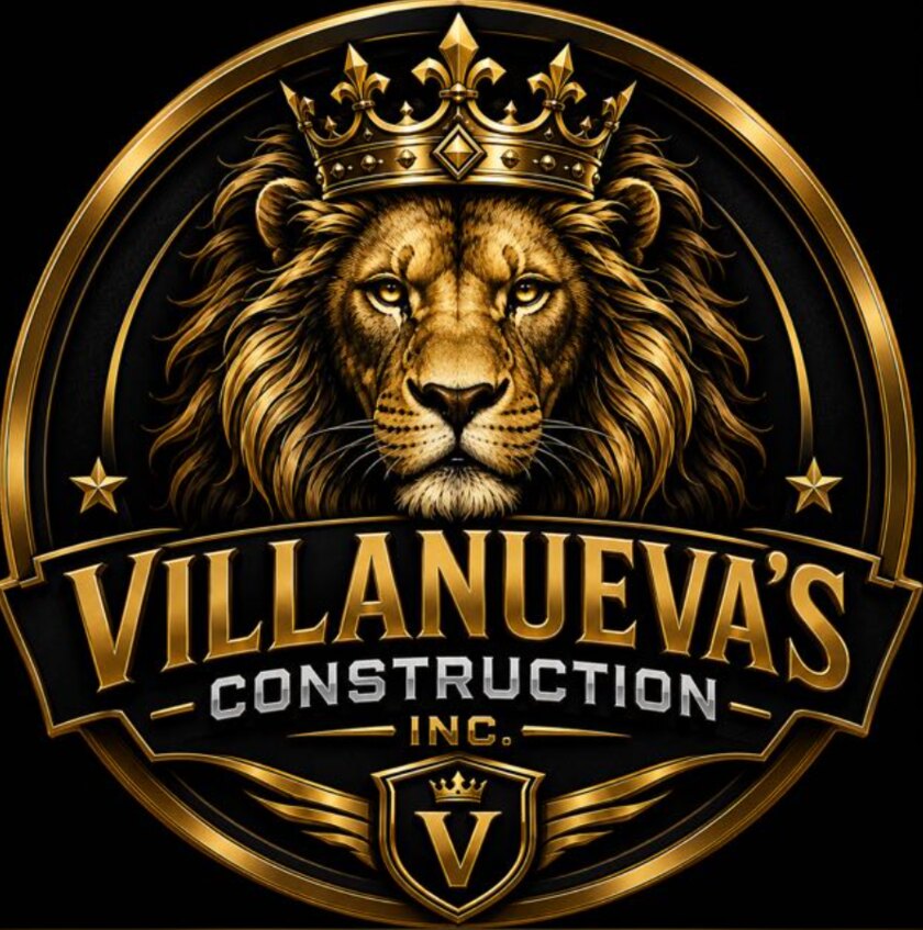 Villanueva's Construction Inc. logo: a crowned lion in a gold crest